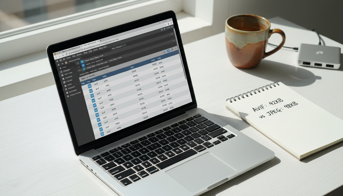 Chrome DevTools Network panel comparing AVIF and JPEG image file sizes side by side