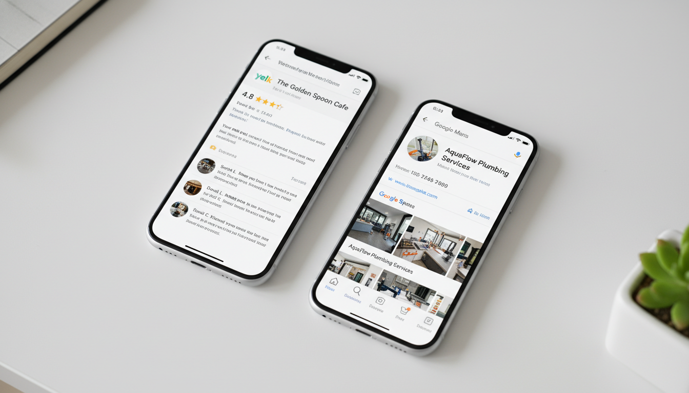 Two smartphones showing local business listings on Yelp and Google Maps